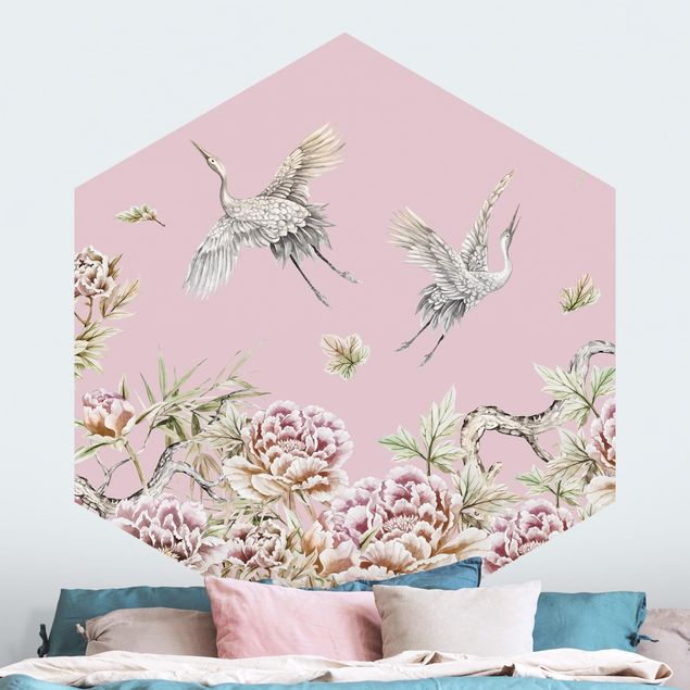 Wallpapers rose Watercolour Storks In Flight With Roses On Pink