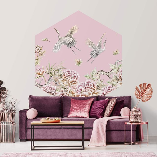 Wallpapers birds Watercolour Storks In Flight With Roses On Pink