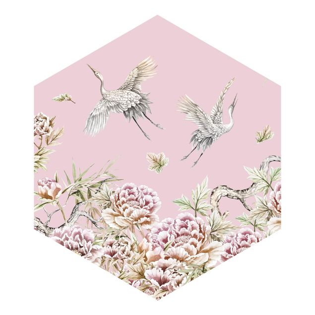 Wallpapers modern Watercolour Storks In Flight With Roses On Pink