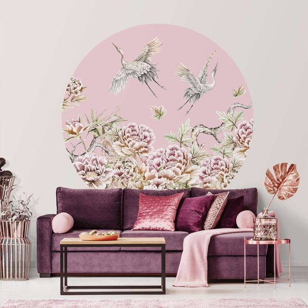Rose flower wallpaper Watercolour Storks In Flight With Roses On Pink