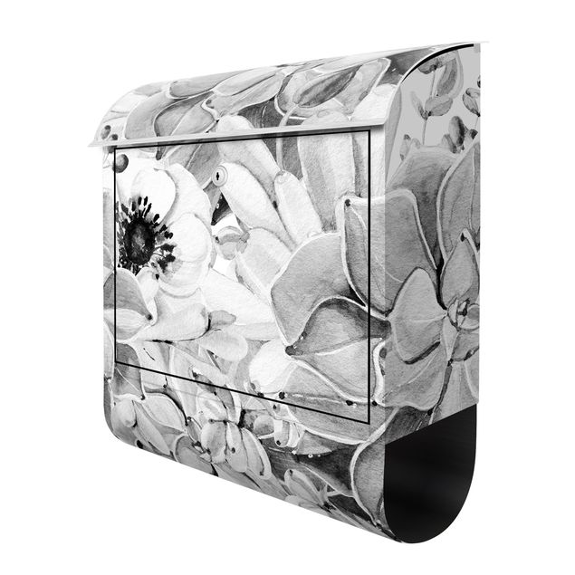 Matt black letterbox Watercolour Succulent With Flower In Black And White