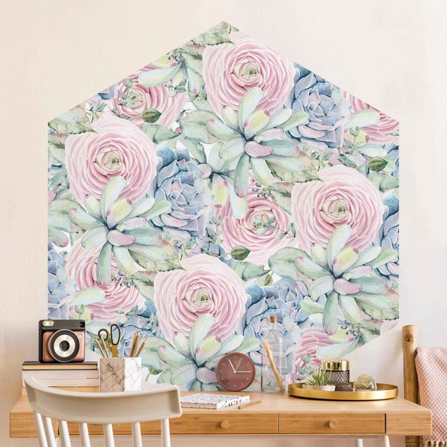 Wallpapers flower Watercolour Succulents And Ranunculus Pattern