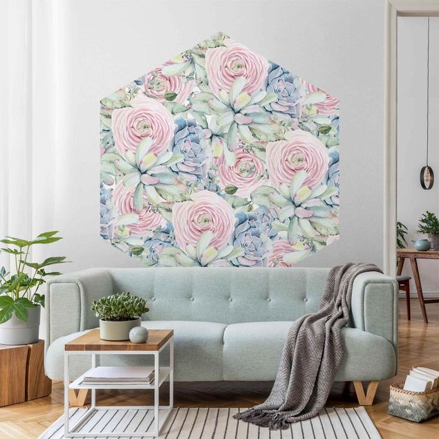 Modern wallpaper designs Watercolour Succulents And Ranunculus Pattern