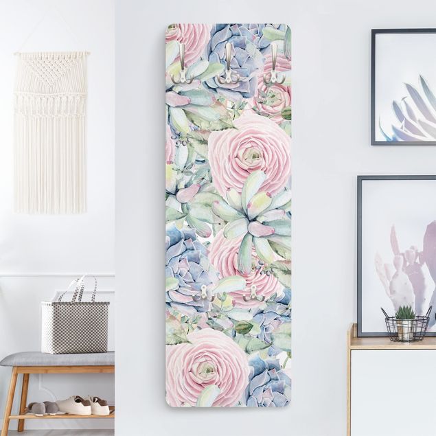 Wall mounted coat rack flower Watercolour Succulents And Ranunculus Pattern