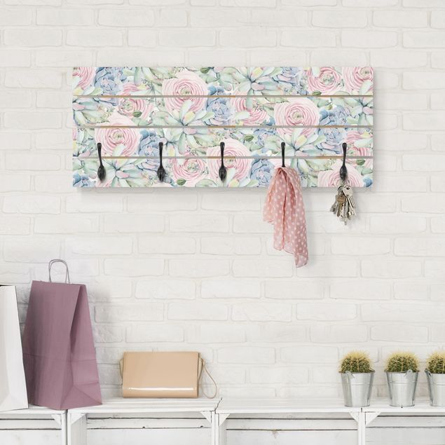 Wall mounted coat rack flower Watercolour Succulents And Ranunculus Pattern