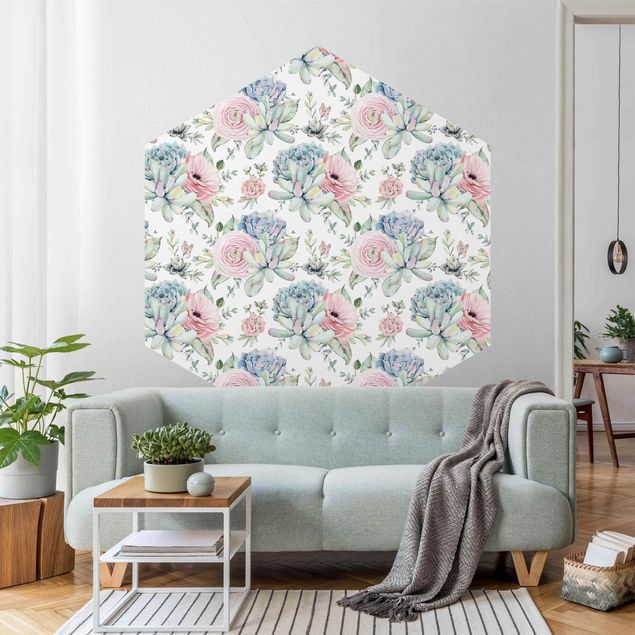 Contemporary wallpaper Watercolour Succulents Bouquet Pattern