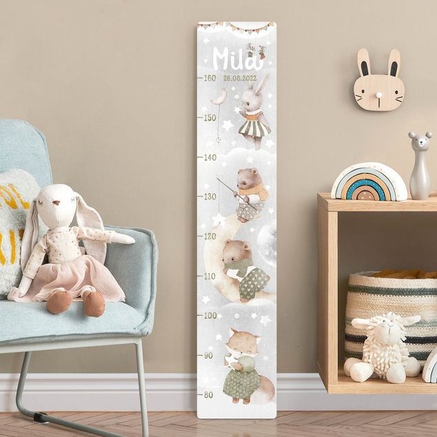 Wooden height chart Watercolour Animals - To the moon with custom name
