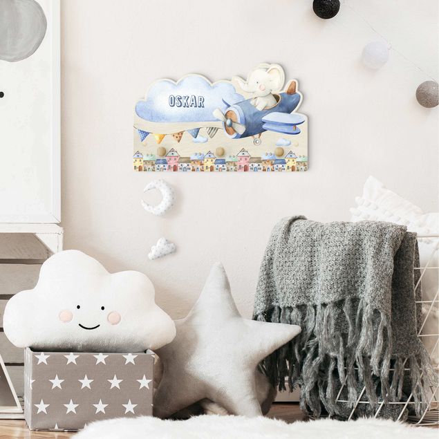 Wall mounted coat rack sayings & quotes Watercolour Animal Pilot Elephant With Customised Name
