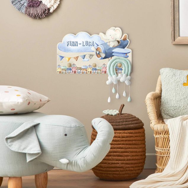 Wall mounted coat rack animals Watercolour Animal Pilot Elephant With Customised Name