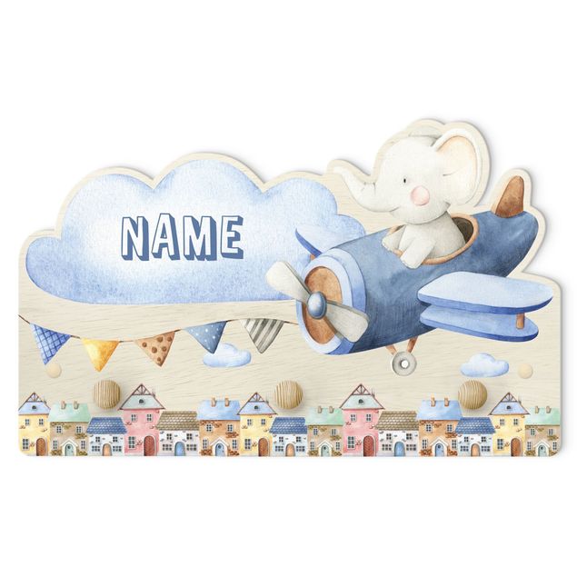 Wall mounted coat rack blue Watercolour Animal Pilot Elephant With Customised Name
