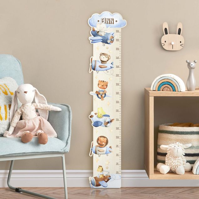 Wooden height chart Watercolour animal pilot with custom name