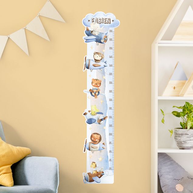 Wall stickers height measure bar Watercolour animal pilot with custom name