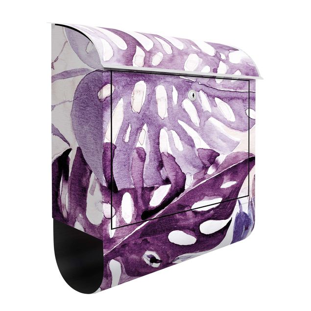 Letterboxes flower Watercolour Tropical Leaves With Monstera In Aubergine