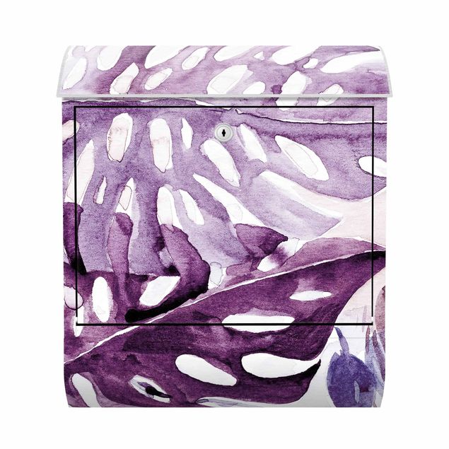 Mailbox Watercolour Tropical Leaves With Monstera In Aubergine