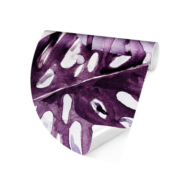 Floral wallpaper Watercolour Tropical Leaves With Monstera In Aubergine
