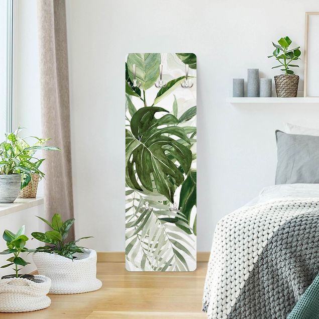 Wall mounted coat rack green Watercolour Tropical Arrangement With Monstera