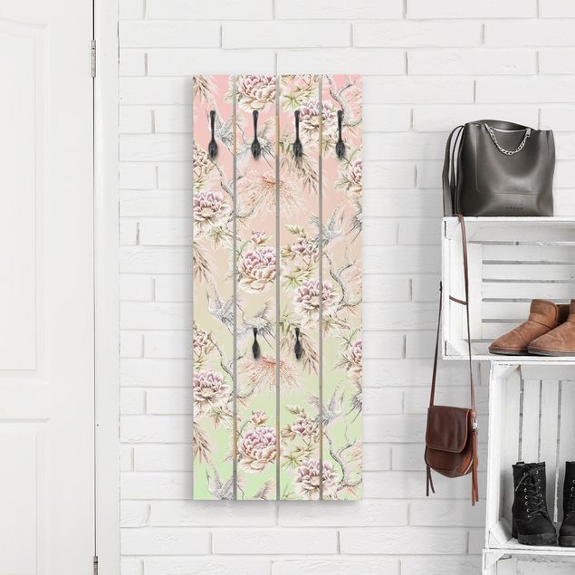 Wooden wall mounted coat rack Watercolour Birds With Large Flowers And Ombre