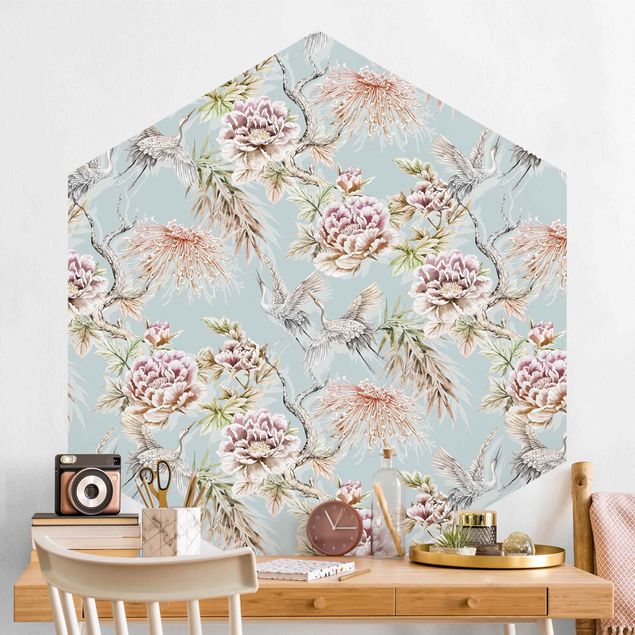 Wallpapers rose Watercolour Birds With Large Flowers In Front Of Blue