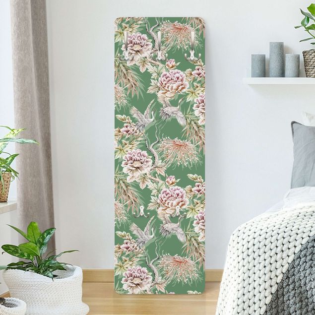 Wall mounted coat rack patterns Watercolour Birds With Large Flowers In Front Of Green