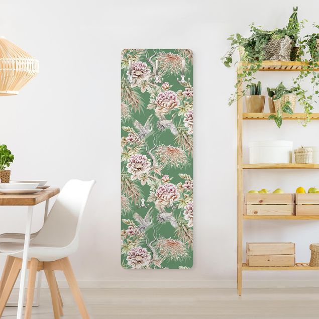 Wall mounted coat rack animals Watercolour Birds With Large Flowers In Front Of Green