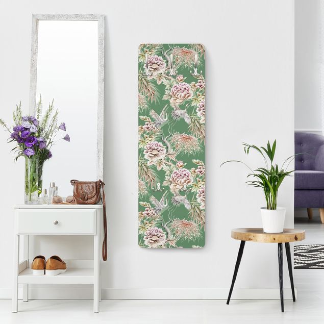 Wall mounted coat rack green Watercolour Birds With Large Flowers In Front Of Green