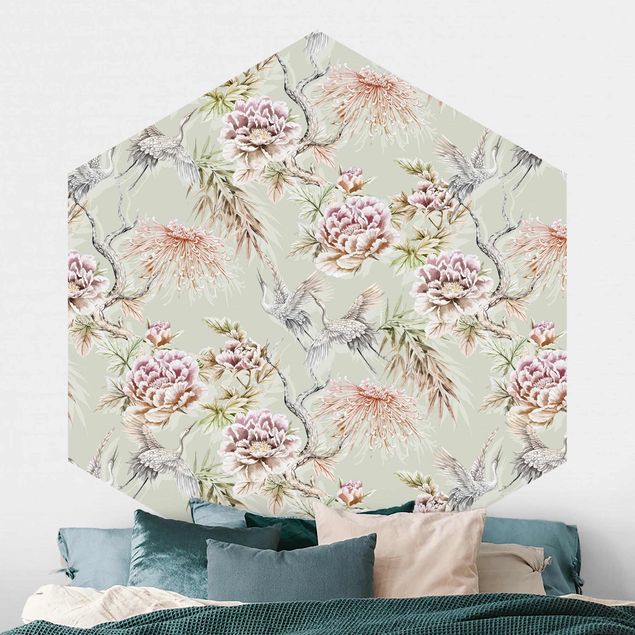 Rose flower wallpaper Watercolour Birds With Large Flowers In Front Of Mint