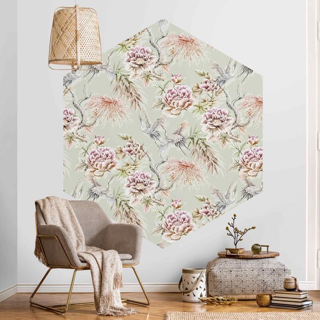 Wallpapers birds Watercolour Birds With Large Flowers In Front Of Mint