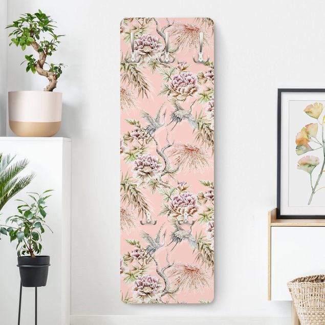 Wall mounted coat rack patterns Watercolour Birds With Large Flowers In Front Of Pink