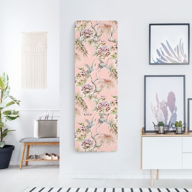Wall mounted coat rack animals Watercolour Birds With Large Flowers In Front Of Pink
