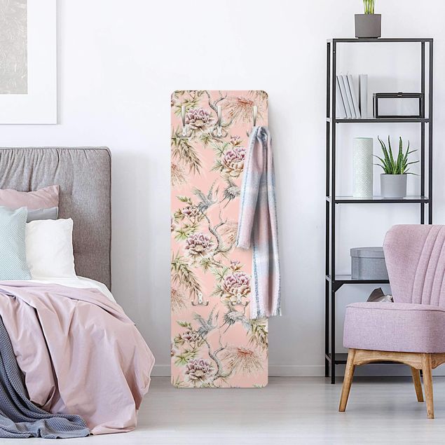Wall coat rack Watercolour Birds With Large Flowers In Front Of Pink