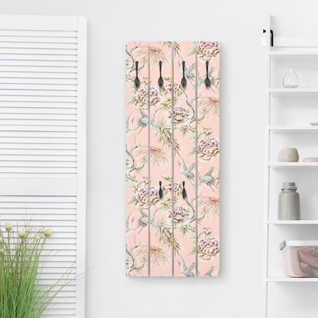 Wall mounted coat rack wood Watercolour Birds With Large Flowers In Front Of Pink