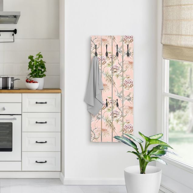 Coat rack patterns Watercolour Birds With Large Flowers In Front Of Pink