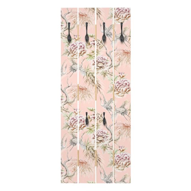 Wall coat hanger Watercolour Birds With Large Flowers In Front Of Pink