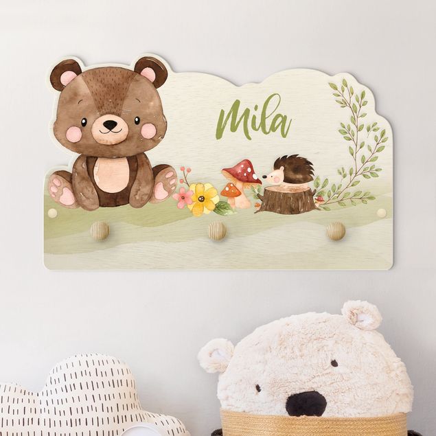 Kids room decor Watercolour Forest Animal Bear With Customised Name
