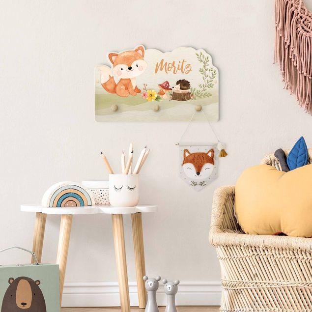 Wall mounted coat rack sayings & quotes Watercolour Forest Animal Fox With Customised Name