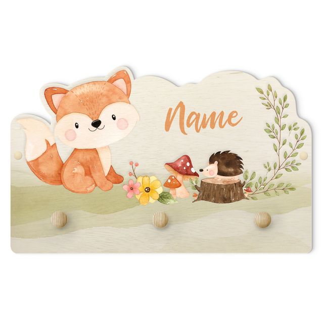 Green coat rack Watercolour Forest Animal Fox With Customised Name