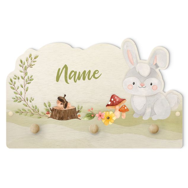 Green coat rack Watercolour Forest Animal Bunny With Customised Name