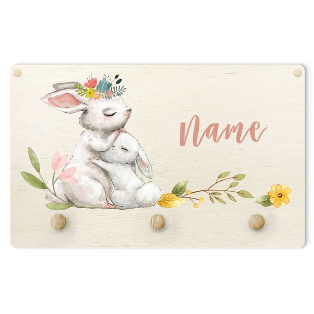 Wall coat rack Watercolour Forest Animal Rabbit Family With Customised Name