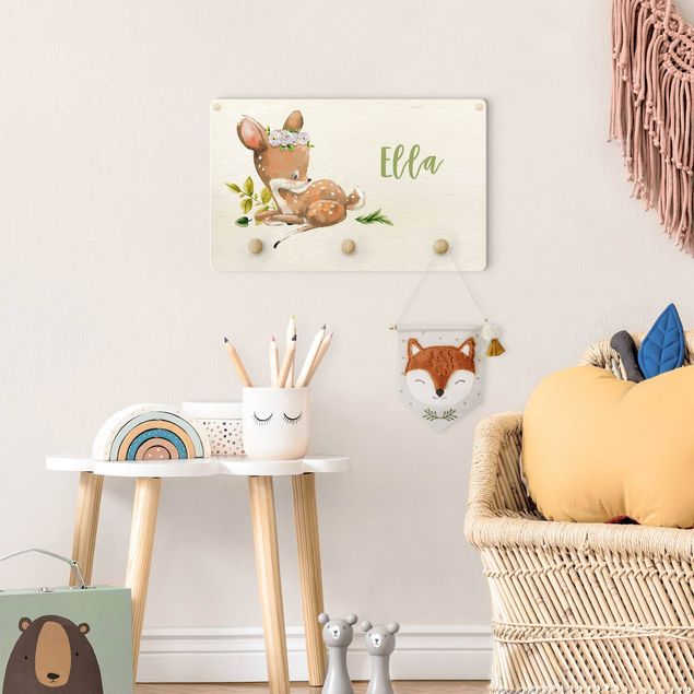 Coat rack quotes Watercolour Forest Animal Fawn With Customised Name