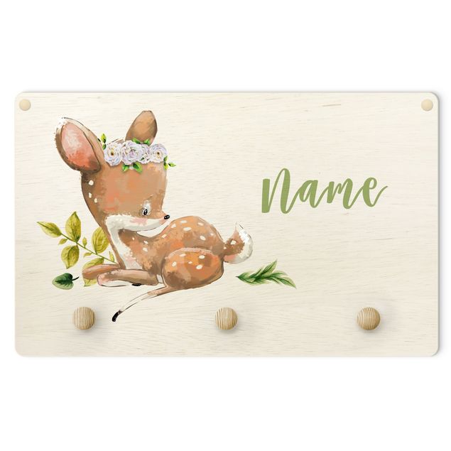 Wall mounted coat rack brown Watercolour Forest Animal Fawn With Customised Name