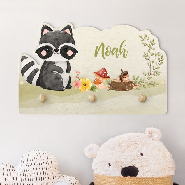 Nursery decoration Watercolour Forest Animal Raccoon With Customised Name