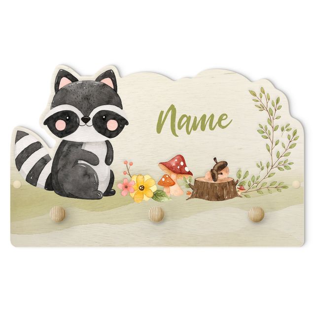Green coat rack Watercolour Forest Animal Raccoon With Customised Name
