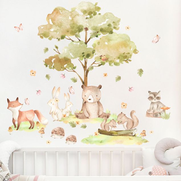 Nursery decoration Watercolour forest animals and autumn tree