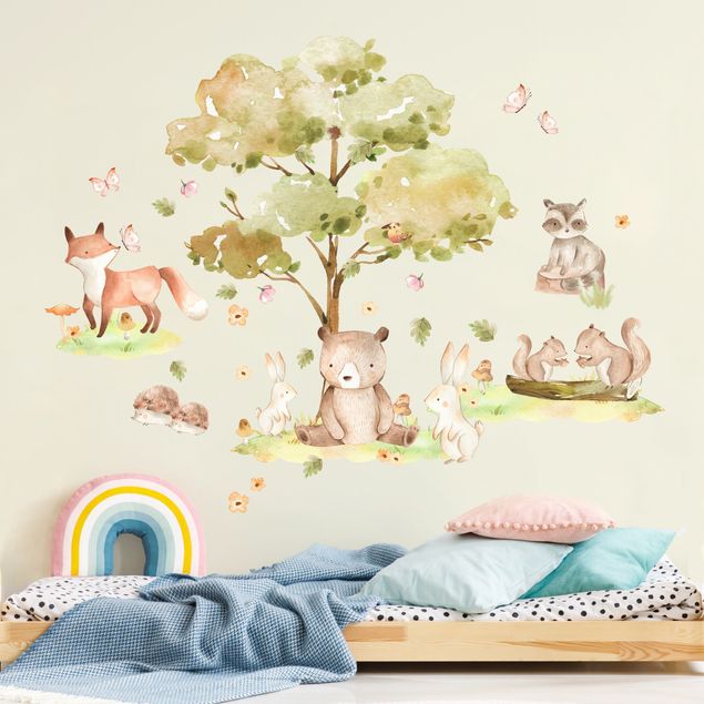 Wall decal forest Watercolour forest animals and autumn tree