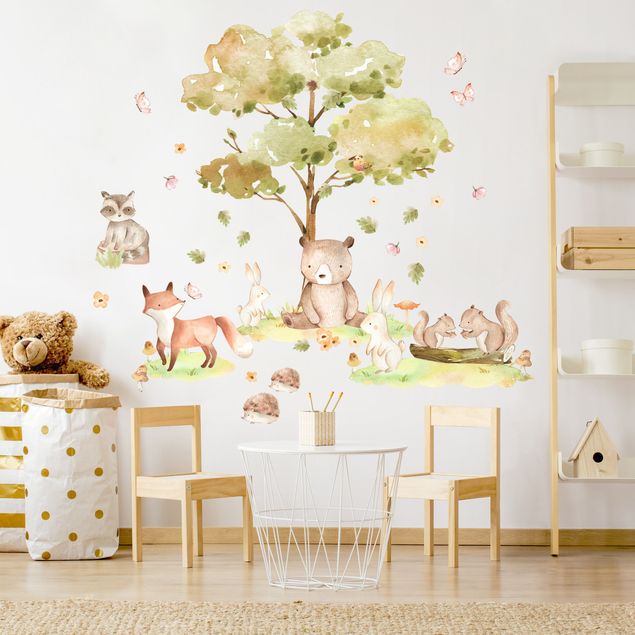 Forest wall decal Watercolour forest animals and autumn tree