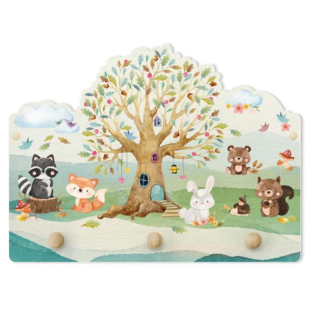 Wall coat rack Watercolour Forest Animals With Trees