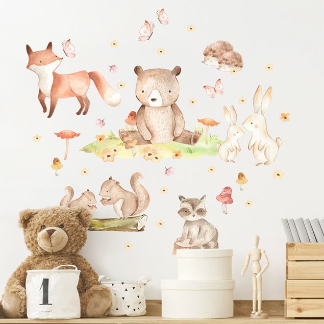Nursery decoration Watercolour forest animals with butterflies and flowers