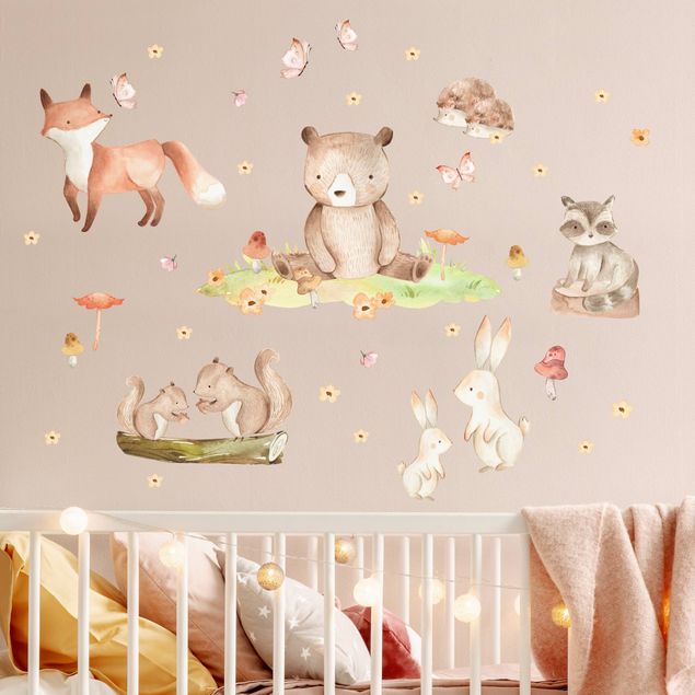 Wall decal forest Watercolour forest animals with butterflies and flowers