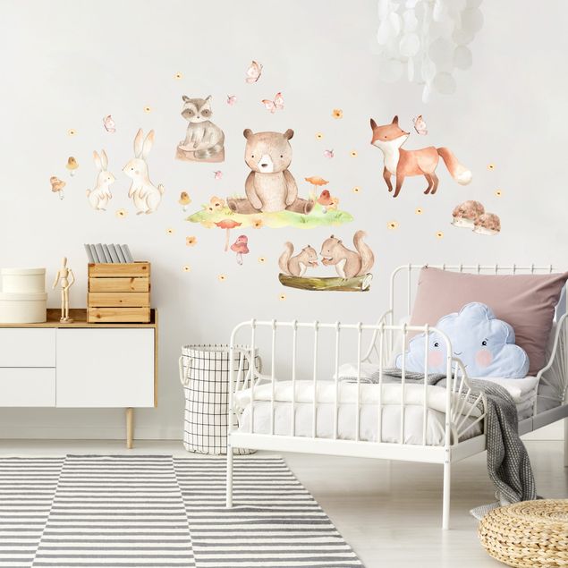Wall stickers bear Watercolour forest animals with butterflies and flowers