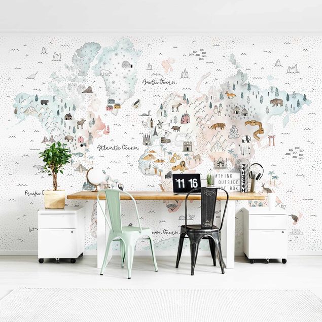 Contemporary wallpaper Watercolour Worl Map Pastel